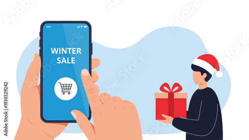 Hand holding a smartphone displaying a winter sale message while a person wearing a Santa hat brings a gift representing holiday shopping.
