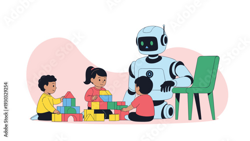 Friendly robot playing with small children and colorful building blocks in a classroom setting to represent the future of education and AI.