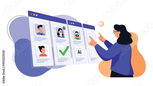 Professional woman interacting with a digital interface to browse through various user profiles for talent acquisition or social networking.