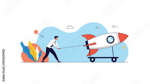 Ambitious businessman pulling a heavy rocket on a cart to represent the effort and preparation required to launch a new startup or project.