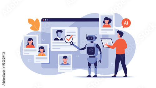 Robot assistant helping a human recruiter filter through digital candidate profiles using artificial intelligence for efficient future hiring.