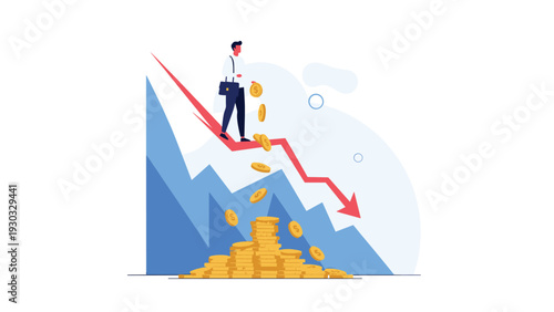 Corporate man walking down a steep declining red arrow as coins fall into a pile symbolizing an economic crash and loss of personal wealth.