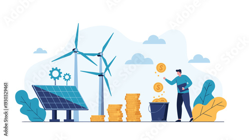 Man investing coins into renewable energy sources like wind turbines and solar panels to support a sustainable future and green technology growth.