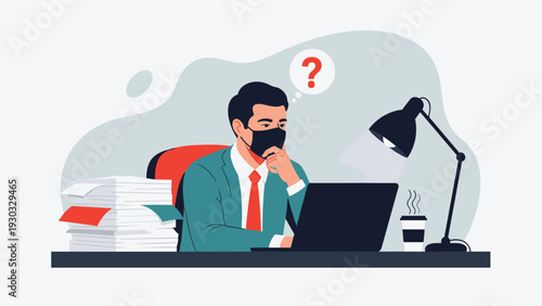 Concerned office worker wearing a protective mask while sitting at a desk with piles of documents and a laptop during a global health crisis.