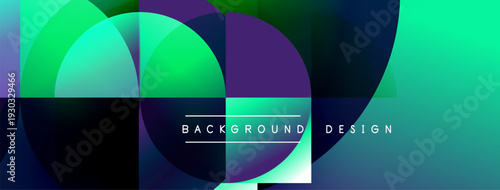 Abstract geometric shapes overlap, creating vibrant color gradients. Modern design features teal, purple, white elements. Background suggests innovation.