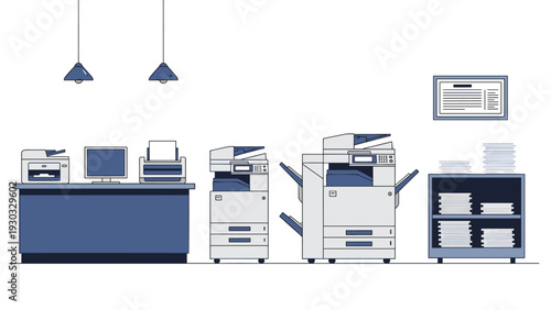 Modern office workspace equipped with various photocopiers, laser printers, computer station, and organized stacks of paper on shelves.