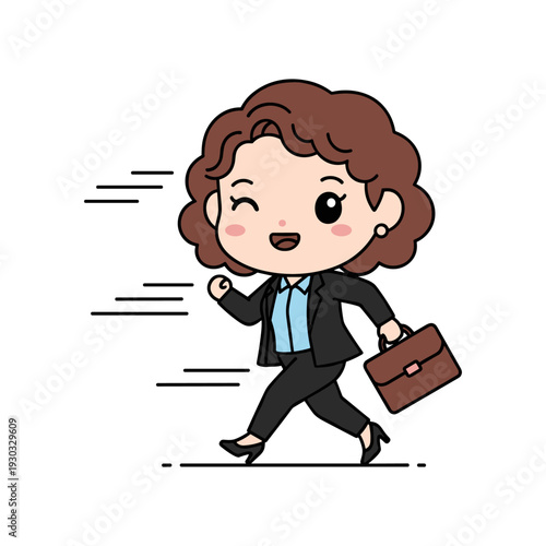 A cheerful cartoon woman walking quickly with a briefcase in hand while wearing a professional suit