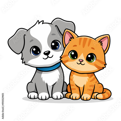 Cute Dog and Ginger Kitten Together Illustration with Happy Expression