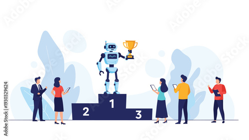 Artificial intelligence robot celebrating victory on the first place podium while business people observe and record the achievement.