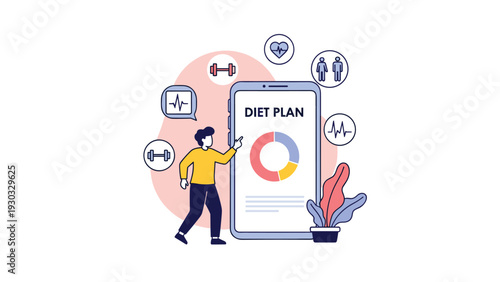 Healthy lifestyle tracker showing a diet plan on a smartphone screen with icons for exercise, heart rate, and nutritional monitoring.