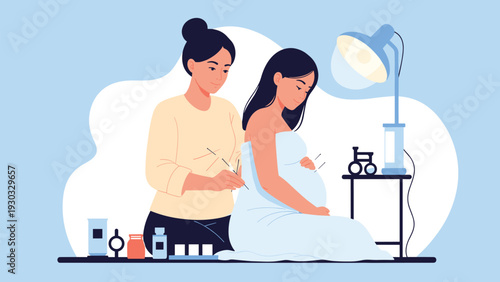 Therapist performing traditional acupuncture treatment on a pregnant woman in a peaceful wellness center using thin needles for relief.