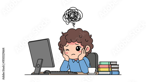 A stressed office worker sitting at a desk with a tangled mess of thoughts hovering over his head