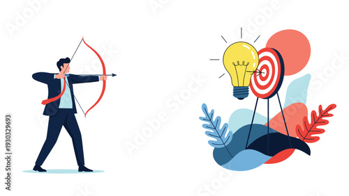 Strategic businessman using a bow and arrow to hit a target combined with a lightbulb representing hitting a successful business idea.