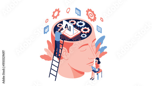 Concept of artificial intelligence integration showing technicians working inside a human head to install complex AI circuitry and gears.