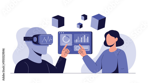 Collaborative data analysis using virtual reality headsets where two professionals interact with floating 3D charts and digital screens.