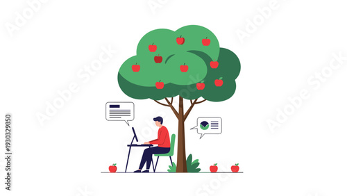 Creative professional working on a laptop at a desk positioned under a large apple tree symbolizing fruitfulness and natural inspiration.
