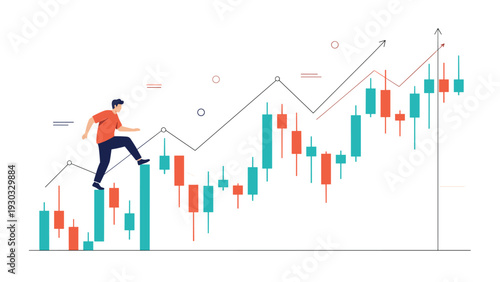 Ambitious investor climbing up a rising financial candlestick chart illustrating stock market success and aggressive wealth growth strategy.