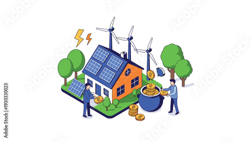 Sustainable living concept showing a modern house powered by solar panels and wind turbines with people collecting coins in a pot.