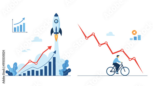 Comparison of fast growth and slow decline showing a rocket launching with a rising chart alongside a man cycling down a falling trend.