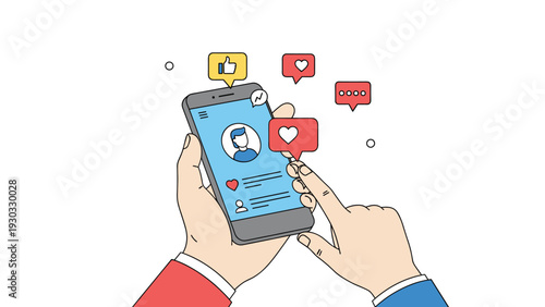 Person interacting with a social media profile on a smartphone screen showing likes, comments, and follower engagement icons.