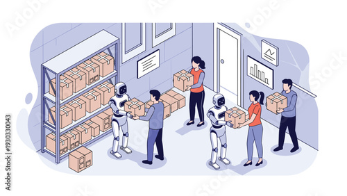 Collaborative logistics scene with humanoid robots and human workers moving cardboard boxes in a high-tech storage and shipping warehouse.