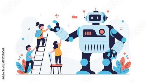 Educational concept showing curious children climbing ladders and stools to play with and learn from a large friendly-looking robot.