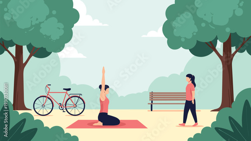 Peaceful morning scene of a woman practicing yoga on a mat in a lush green park with a bicycle and park bench in the background.