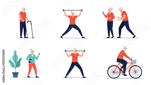 Compilation of healthy seniors participating in various physical activities including cycling, stretching, and walking with assistance.