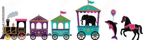 Colorful circus train illustration with elephant wagon, dolphin, carousel horse and carnival theme isolated on white background vector design