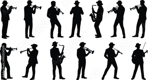 Jazz musician silhouettes collection featuring trumpet saxophone trombone and violin players performing isolated vector illustration set for live band design