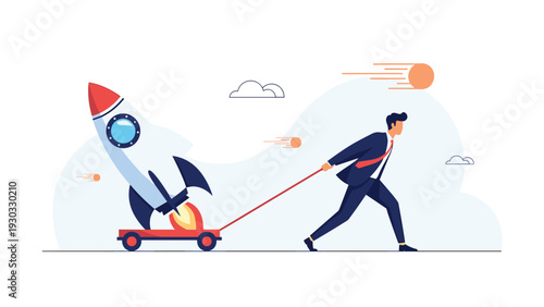Ambitious businessman using effort to pull a large rocket on a trolley through the sky representing hard work before a startup launch.