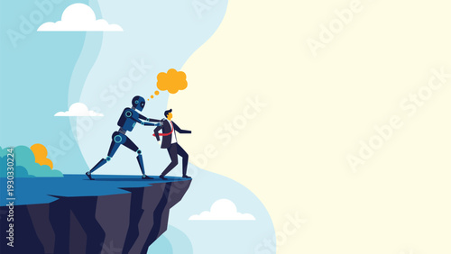 Robot pushing businessman off cliff edge symbolizes artificial intelligence taking over human jobs and workplace automation challenges.