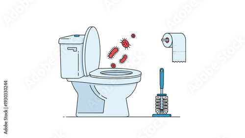 Bathroom toilet with harmful bacteria and germs floating in the air illustrates unsanitary conditions and necessity of proper hygiene and cleaning.