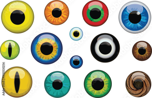 Colorful realistic eye collection with different iris styles including human and animal pupils detailed vector illustration set isolated