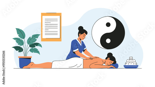 Professional massage therapist performing back treatment on woman in spa salon featuring yin yang symbol representing balance and wellness.