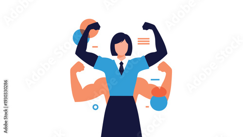 Empowered businesswoman standing confidently with strong muscular arm shadows representing inner strength leadership and female empowerment in corporate.