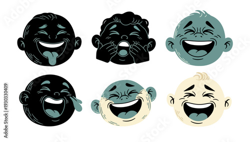 Set of six cartoon faces with various joyful expressions