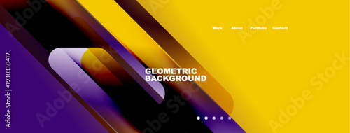 Abstract geometric background. Yellow, purple gradients create dynamic visual effect. Navigation links present at top right. Modern design.