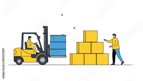 Industrial warehouse worker operating yellow forklift to move blue barrels onto stacked cargo boxes illustrating logistics and supply chain management.