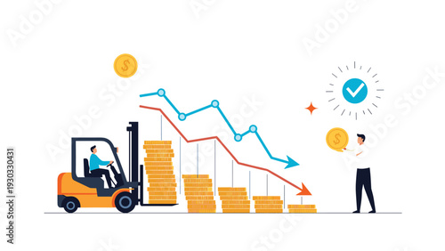 Industrial forklift moving stacks of gold coins next to declining market graph representing economic downturn financial loss and capital management.