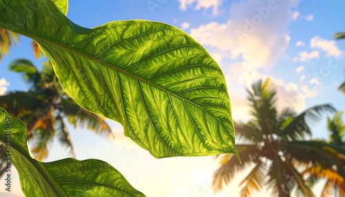 Lush Green Leaf Against a Tropical Sky - A Vibrant Nature Scene.