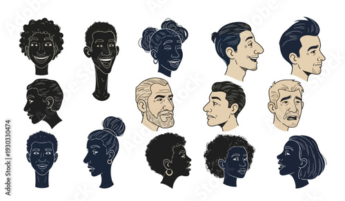 Diverse collection of illustrated male and female profile portraits