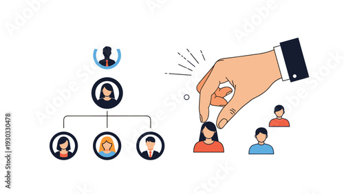 Large hand selecting specific female candidate from corporate organizational chart representing talent recruitment hiring process and human resources selection.