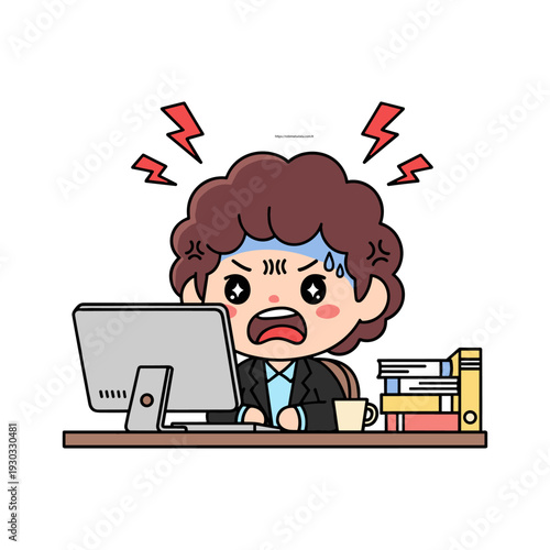 A frustrated and stressed cartoon character working on a computer with books and papers nearby