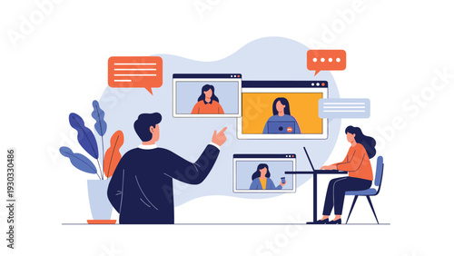 Team leader conducting video conference meeting with remote employees on digital screens representing virtual collaboration and modern telecommuting workplace.