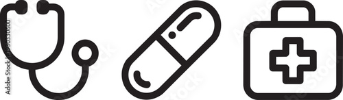 Healthcare icons stethoscope pill first aid kit on transparent background vector illustration