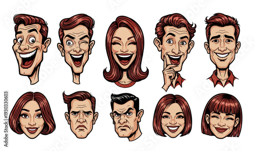 Cartoon Character Expressions Set with Various Emotions and Hairstyles
