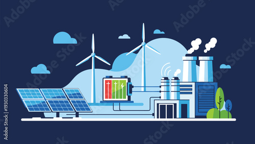 Modern renewable energy facility integrating solar panels wind turbines and storage batteries for sustainable power generation and environmental protection.