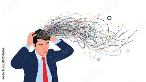 Stressed businessman clutching head with complex tangled lines emerging representing burnout anxiety and mental health challenges in the workplace.