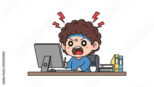 A frustrated and stressed office worker sitting at a desk with a laptop and papers